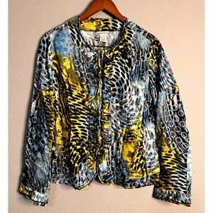 Richard Malcolm Linen Jacket Artsy Abstract Print Ruffle Front Lightweight‎ M